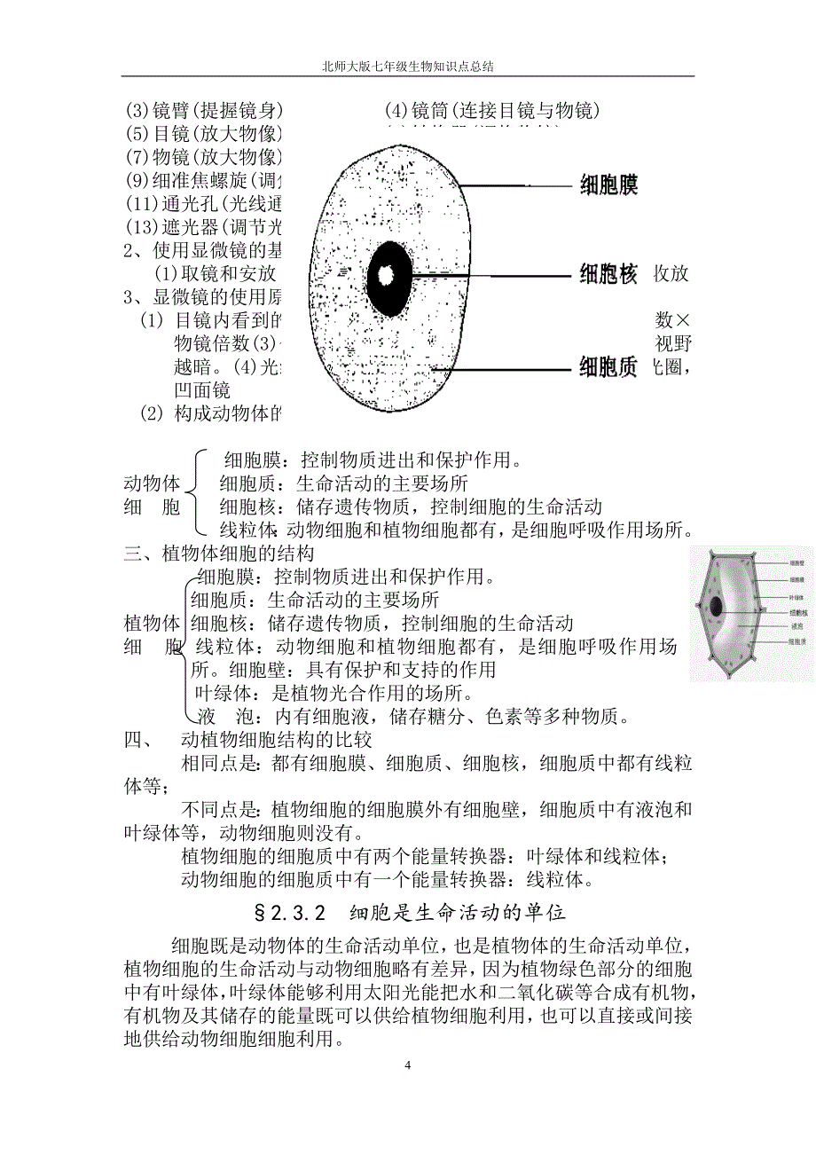 《北师大版七年级生物上知识点总结精华》_第4页