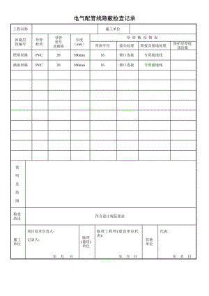 电气配管线隐蔽检查记录