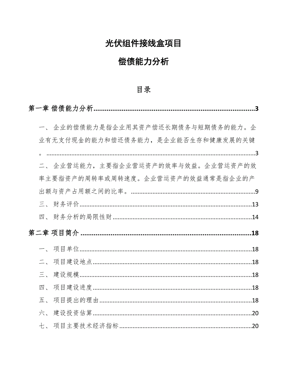 光伏组件接线盒项目偿债能力分析（参考）_第1页