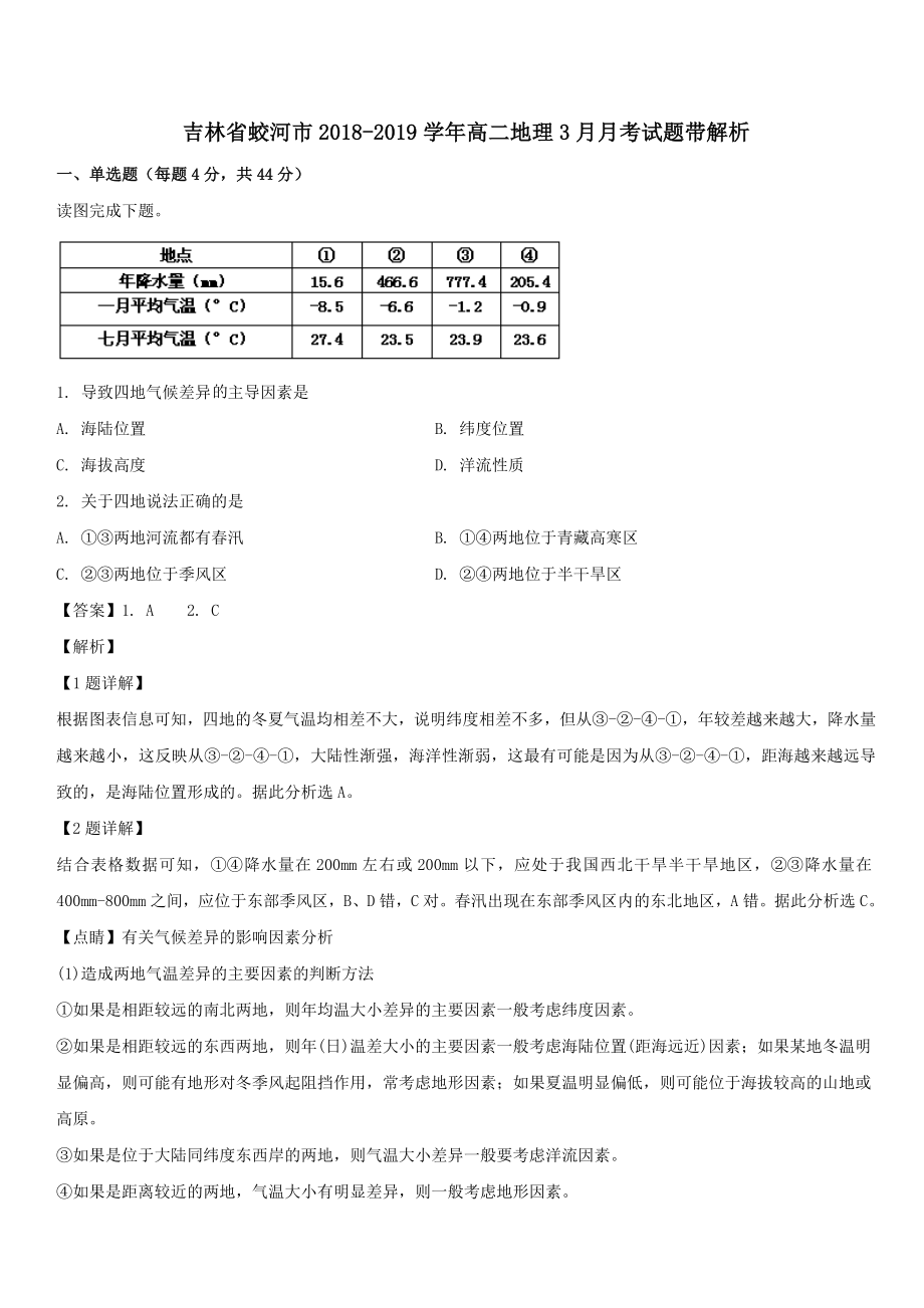 吉林省蛟河市第一中学2018-2019学年高二地理3月月考试题带解析_第1页