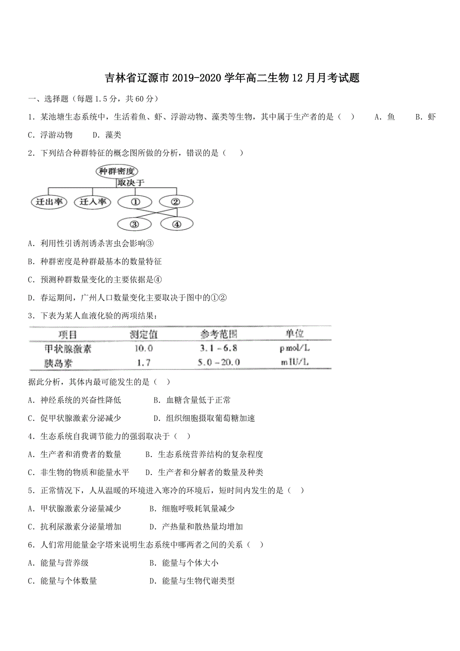 吉林省辽源市2019-2020学年高二生物12月月考试题 带答案_第1页