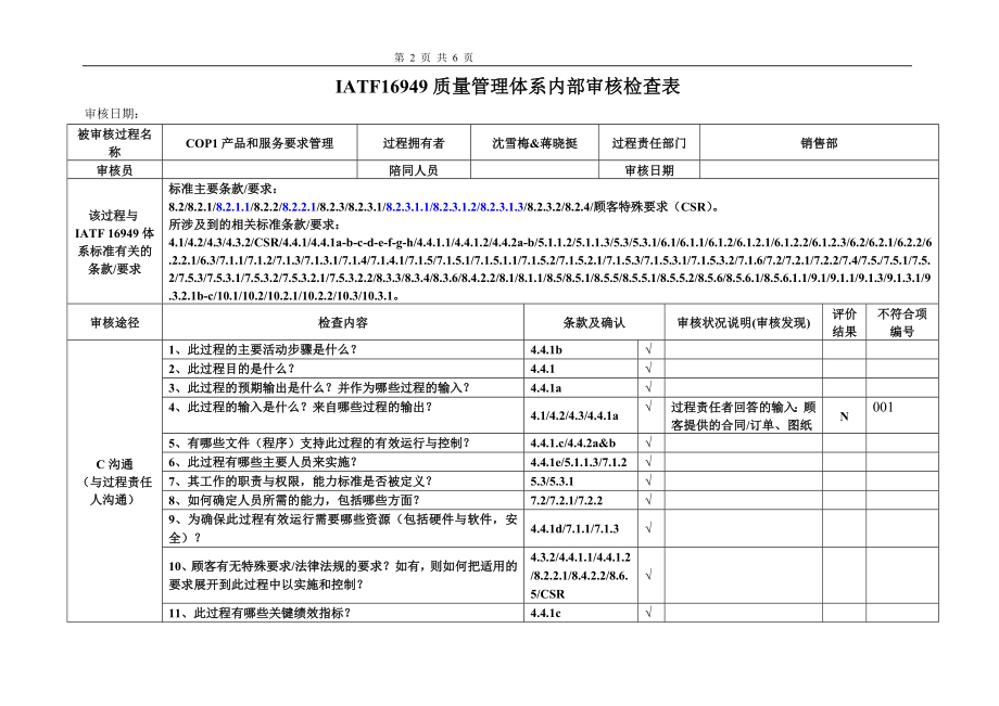 产品和服务要求管理过程内部审核检查表（过程方法CCAPD）_第2页