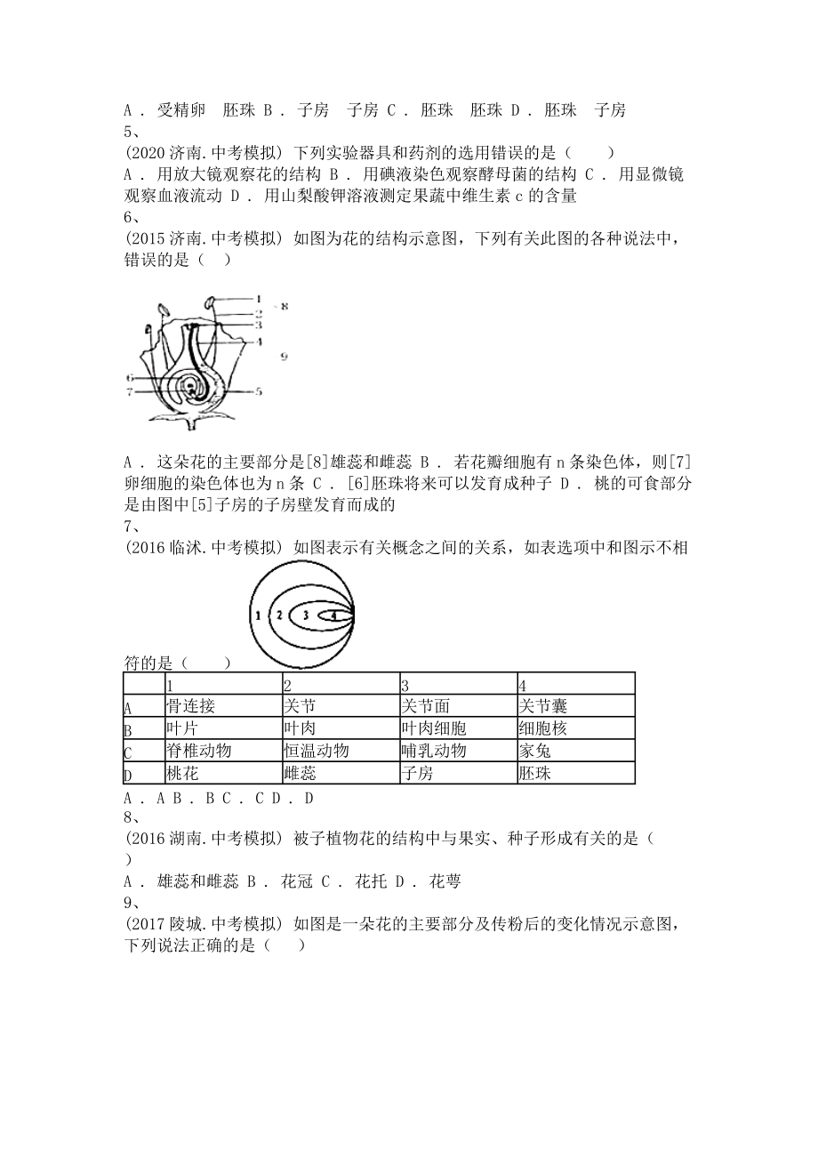 备考2022年中考科学一轮复习-生命科学_生命的延续和进化_花的结构-单选题专训及答案(四)_第2页