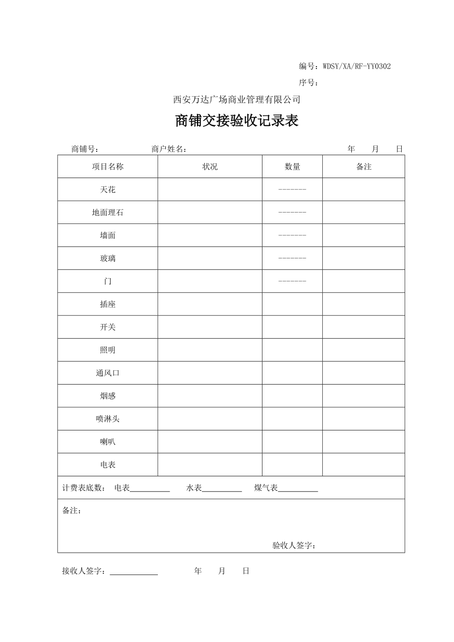 商业地产运营管理FR-YY商铺交接验收记录表_第1页