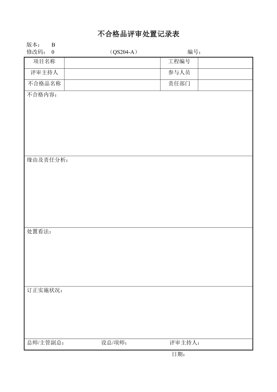 QS-A 不合格品评审处置记录表_第1页