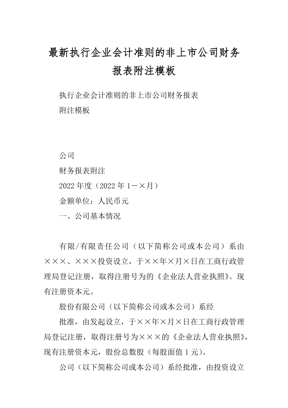 最新执行企业会计准则的非上市公司财务报表附注模板_第1页