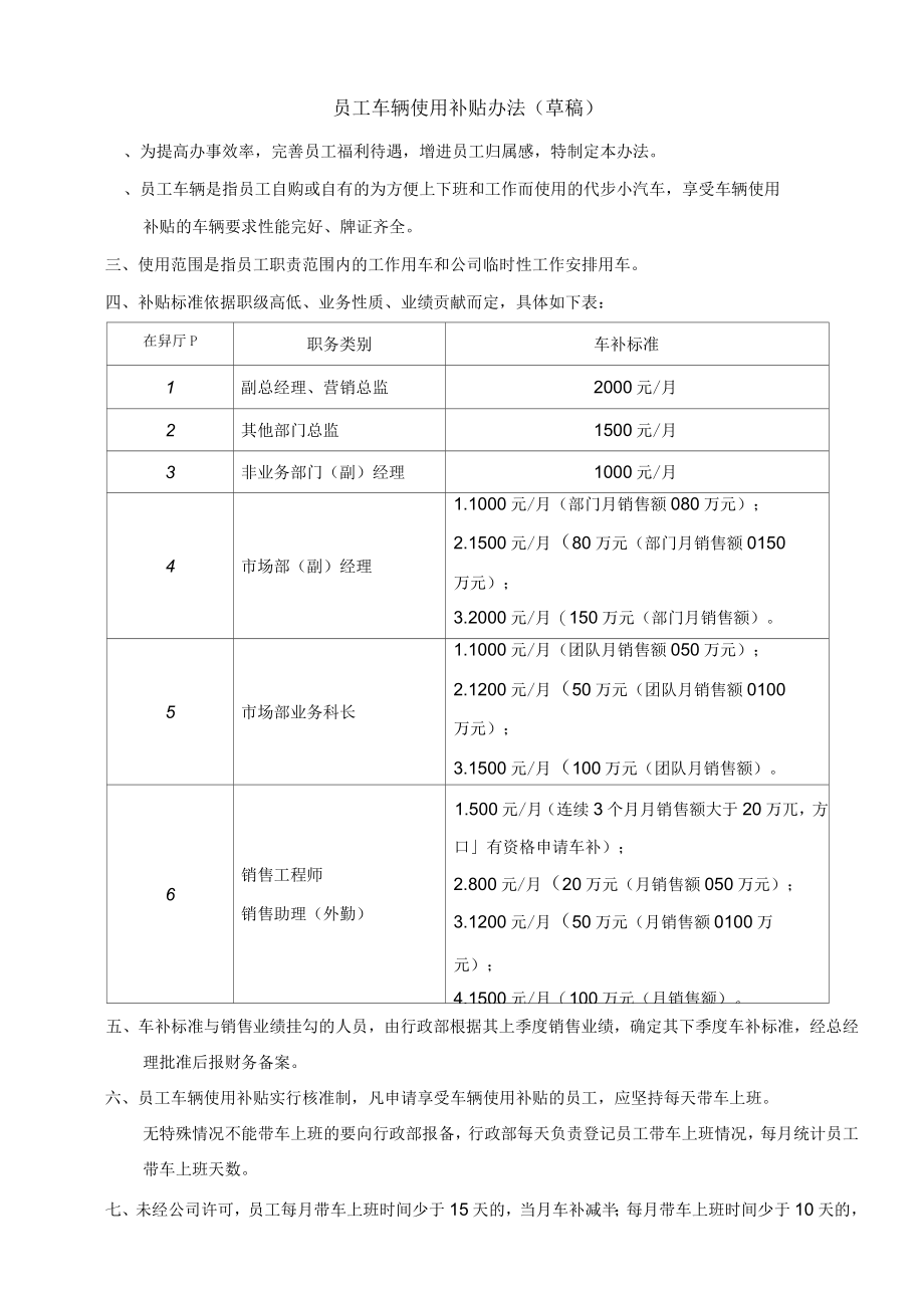 员工车辆使用补贴管理办法草稿_第1页