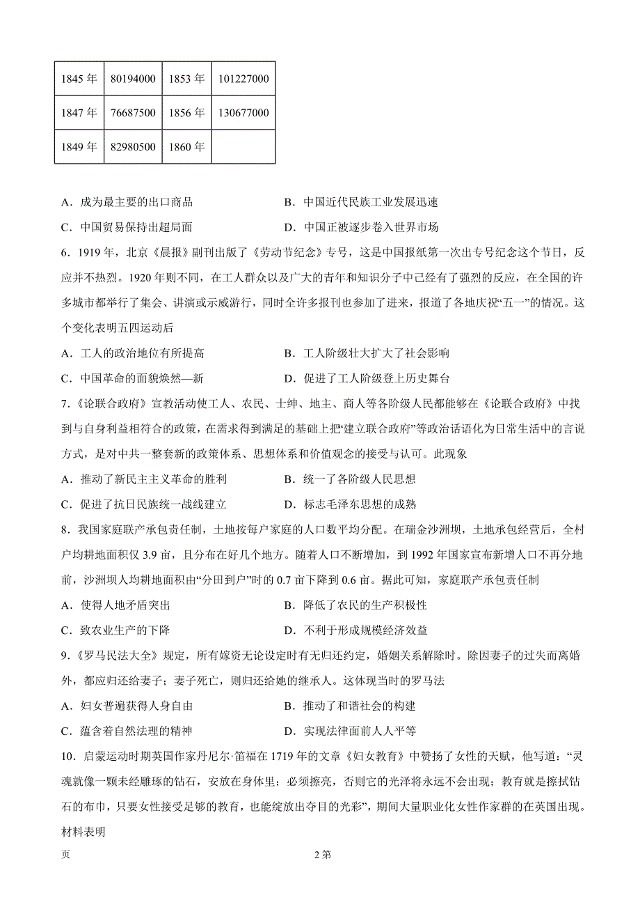 2022届江西省鹰潭市高三一模历史试题_第2页