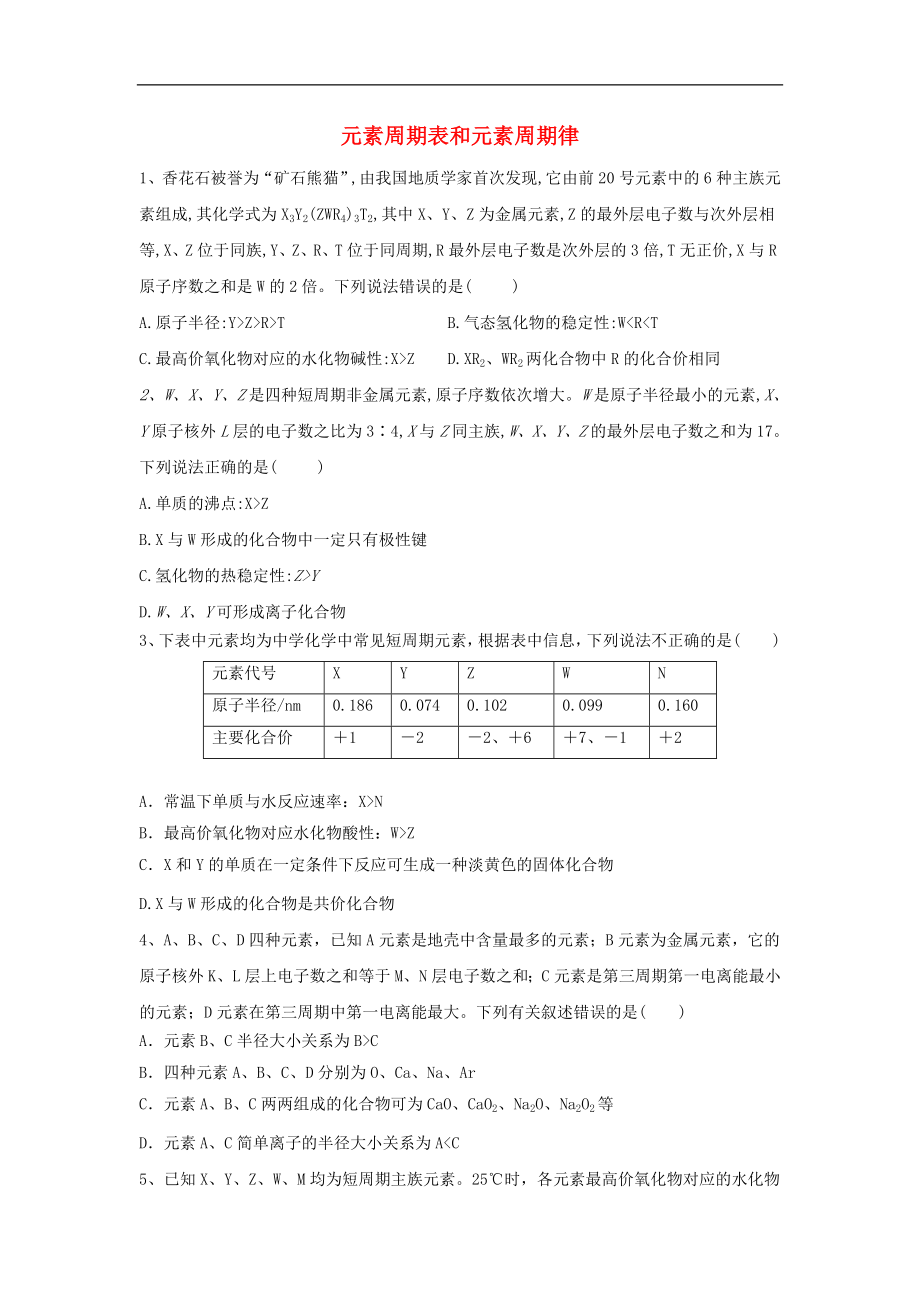 高考化学高频考点小题突破训练04《元素周期表和元素周期律》（含详解）_第1页